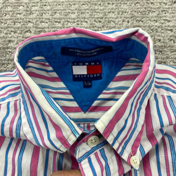 Vintage 90s Tommy Hilfiger Shirt Adult Large L Pink White Stripe Button Up Men - Picture 2 of 12